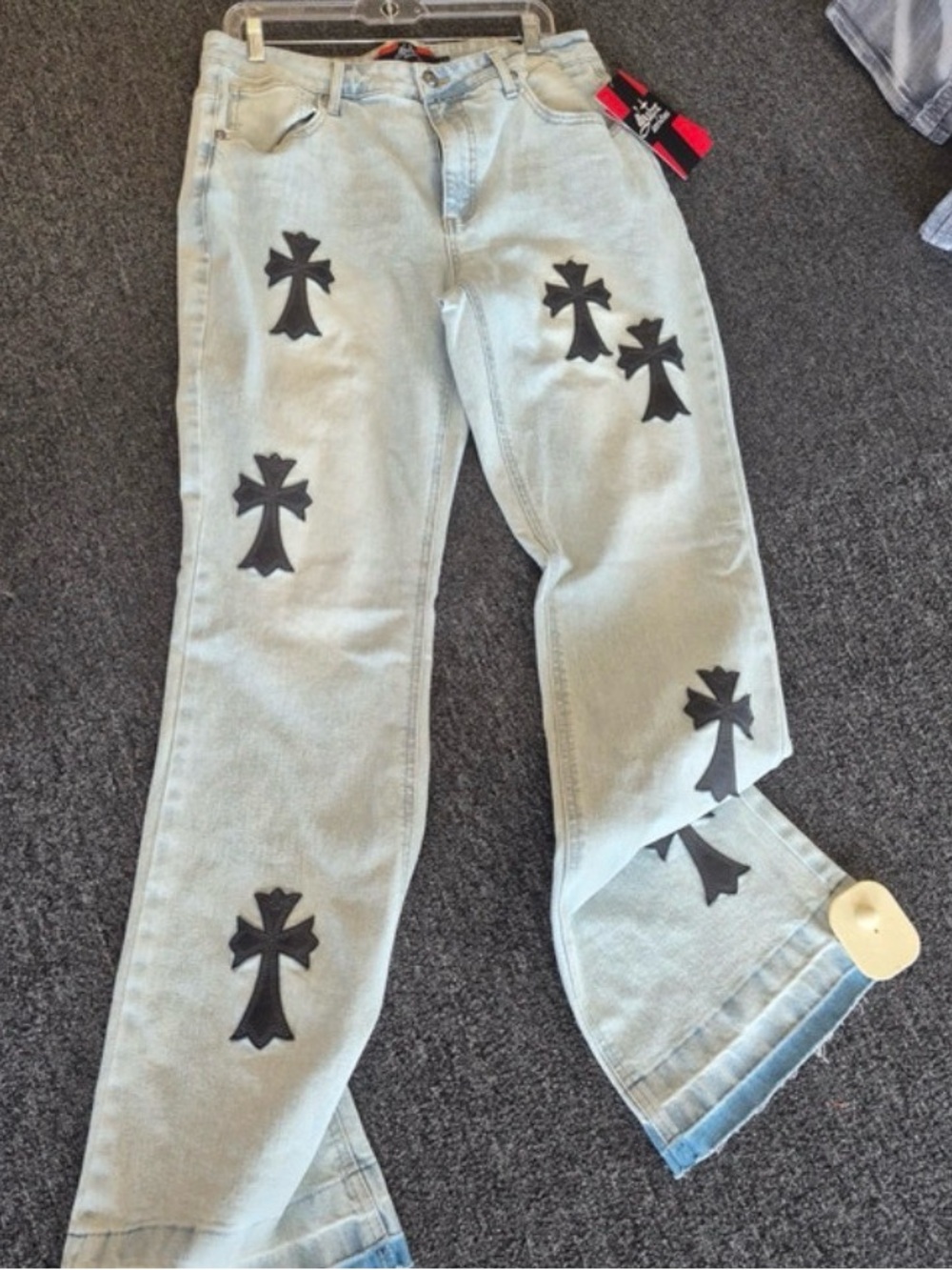 Chrome Hearts Light Blue Straight Jeans with Black Cross Patches